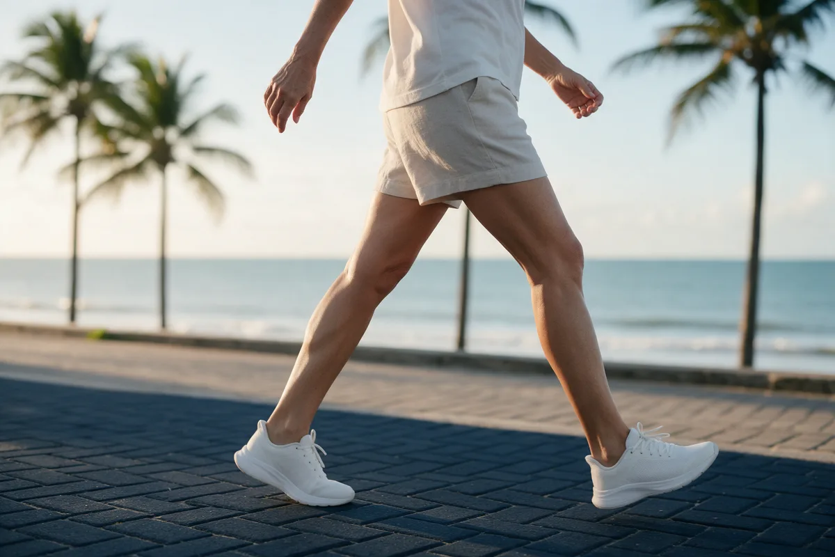 Mulher caminhando à beira-mar de tênis e short, mostrando as pernas em movimento