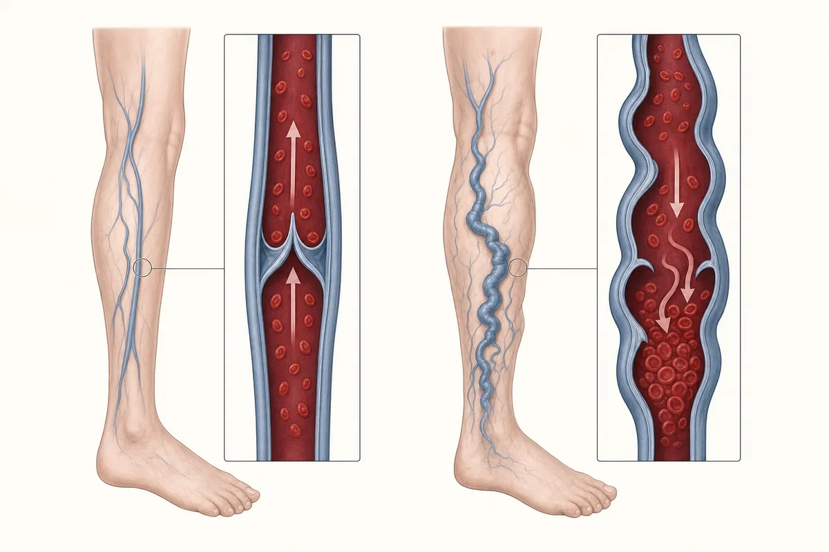 Ilustração comparando uma veia saudável, com válvulas fechadas e sangue subindo, e uma veia varicosa, dilatada, com válvulas abertas e sangue refluindo