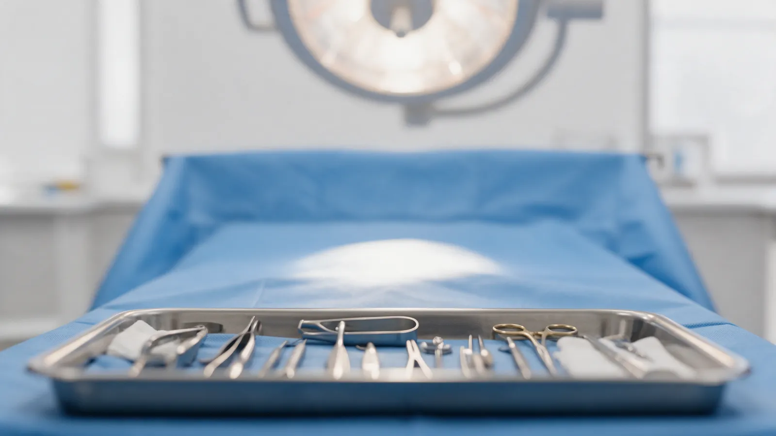 Bandeja com instrumentos cirúrgicos sobre campo estéril azul, com o foco de luz da sala de cirurgia ao fundo