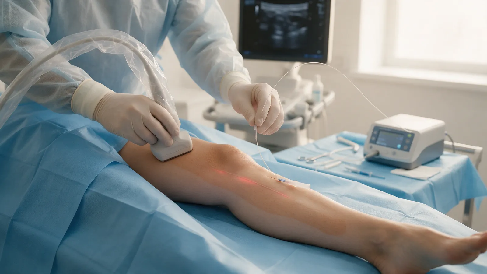 Endolaser: fibra de laser passando pela bainha abaixo do joelho, guiada por ultrassom com capa estéril