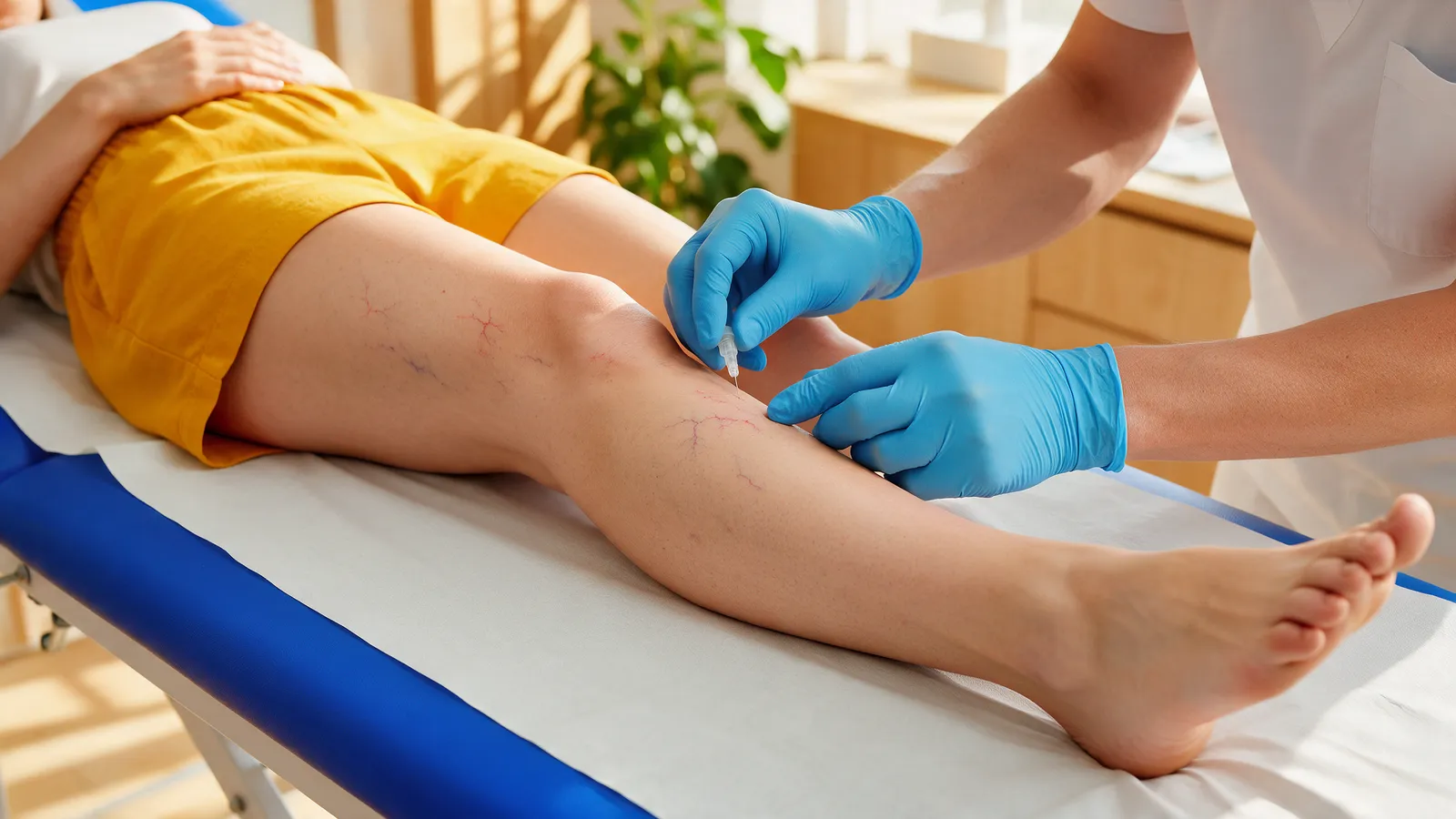 Escleroterapia: aplicação com agulha fina nos vasinhos acima do joelho de uma paciente deitada